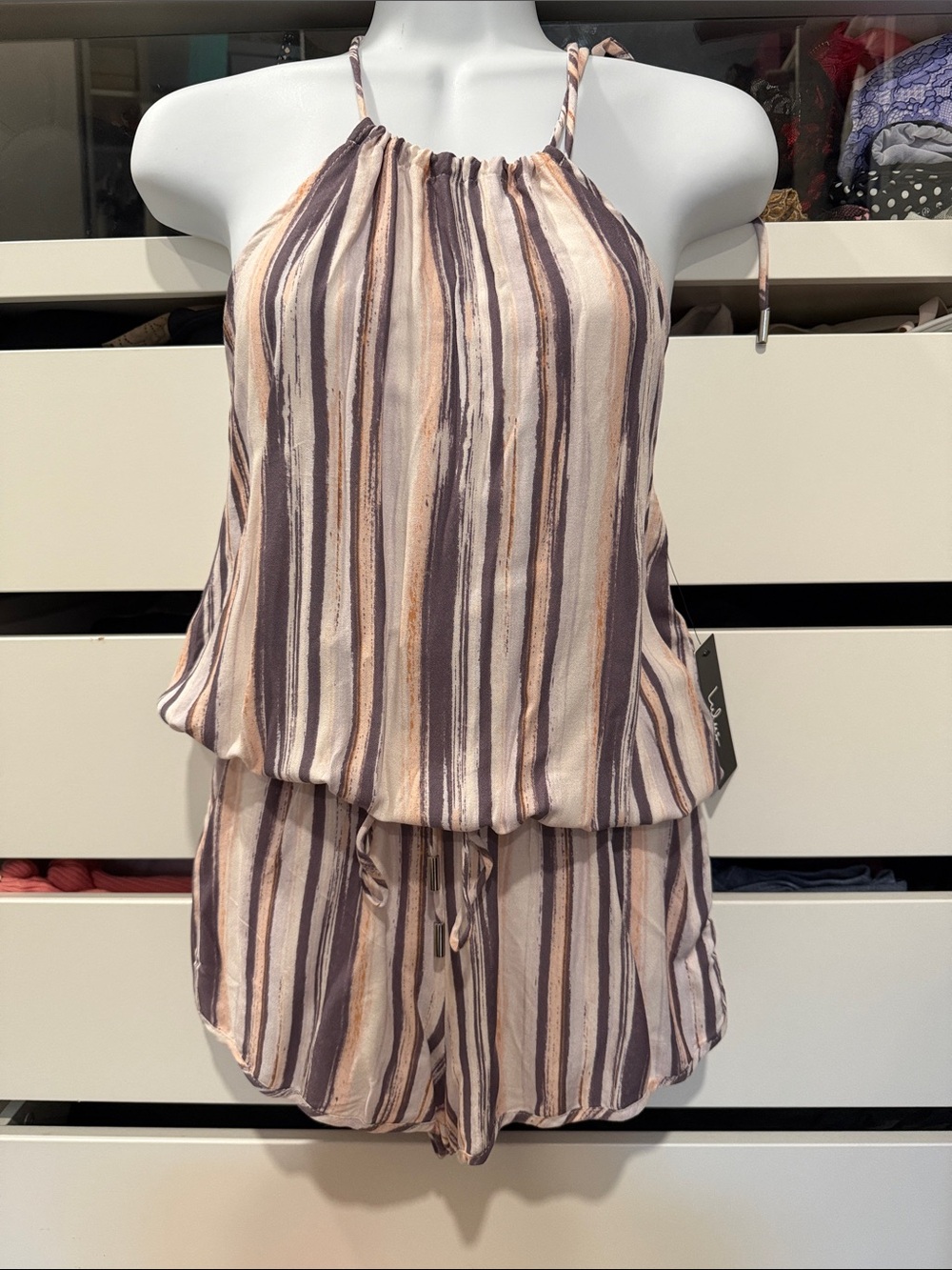 Lulu's Cream and Purple Striped Halter Romper